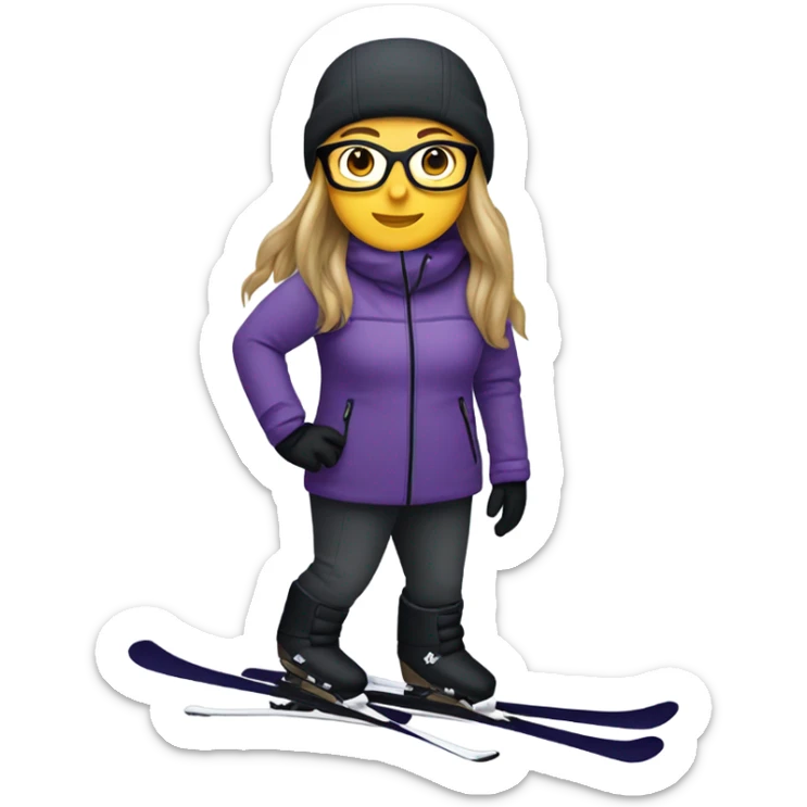 chubby female skier with long straight hair, glasses, grey purple snow jacket, long black pants, black only snow boots and black skis. sticker