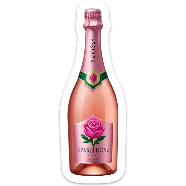 bottle of sparkling rosé with a rose logo on the label, angled to the left, no glass sticker