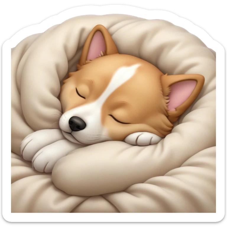 Meme-Worthy Cute Sleeping Domestic Dog Portrait Emoji, Head resting peacefully with a contented smile, showcasing a delightfully cuddly build and a luxuriously soft coat, eyes gently closed in serene, restful slumber, Simplified yet hilariously adorable features, highly detailed, glowing with a soft, drowsy light, high shine, relaxed and utterly lovable, stylized with an air of playful laziness, soft glowing outline, capturing the essence of a sleeping dog that feels destined to become the next viral sensation of adorable rest! sticker