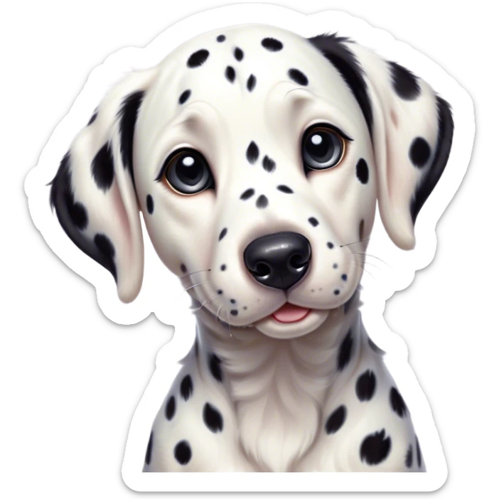 Cinematic Cute Spotted Dalmatian Portrait Emoji, Head tilted playfully and inquisitively, featuring a glossy Fur of predominantly white with dynamic black patches, round, sparkling eyes filled with gentle curiosity, Simplified yet irresistibly adorable features, highly detailed, glowing with a warm, friendly glow, high shine, affectionate and gentle, stylized with a touch of whimsy, bright and endearing, soft glowing outline, capturing the essence of a mischievous yet loving pup, so playful it feels like it could lumber out of the screen and into your arms! sticker