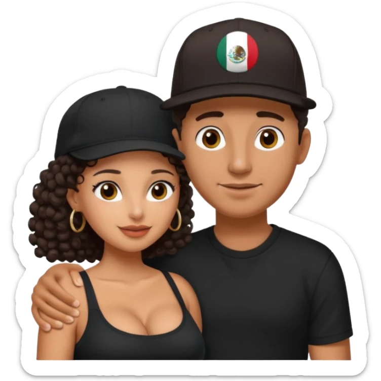 A picture of an embracing tanned couple. the man is a Mexican man with tanned skin, with a bald hair cut wearing a SnapBack hat and a black shirt. the woman has curly dark brown hair and with big boobs   sticker