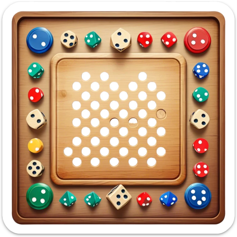 A photorealistic icon featuring a wooden board with a variety of game pieces, dice, a spinning top, and a set of colorful tokens. The design includes a rich, detailed texture of the board and game pieces, capturing the fun and strategy of different tabletop games. Transparent background. sticker