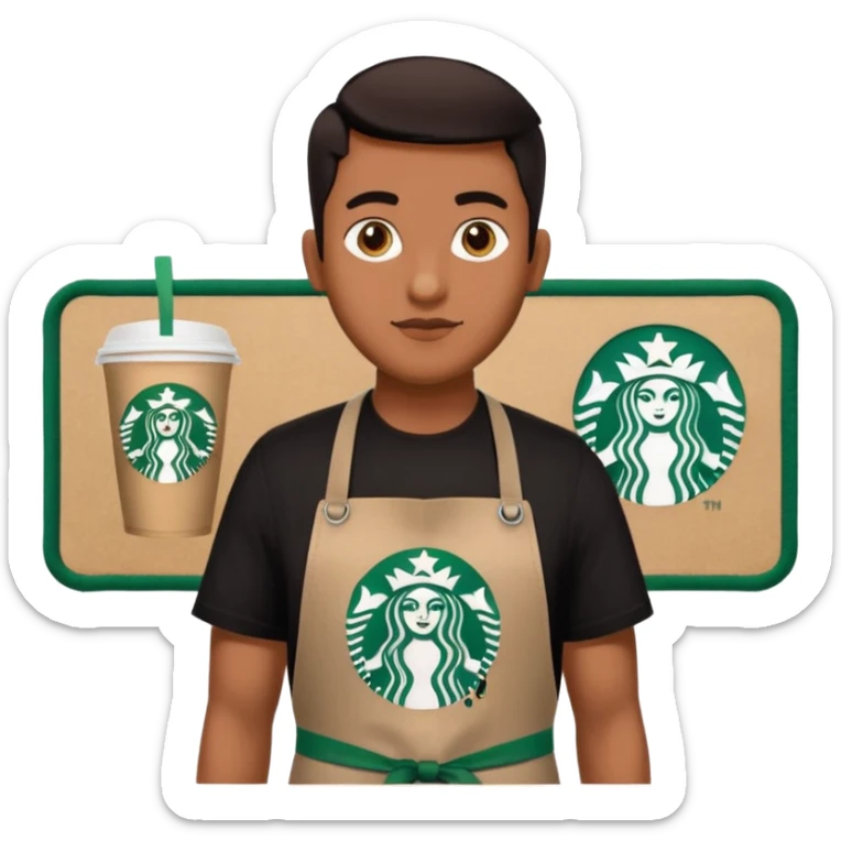 create a sticker of my male bangladeshi friend who is supervisor at starbucks plus coffemaster so black apron woth coffeemaster on it and starbucks logo he s also a comp sci student sticker