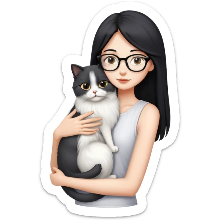 Skinny woman with oval glasses, long straight black hair, wearing white sleeveless top, hugging a grey Persian-Angora cat, plain background sticker