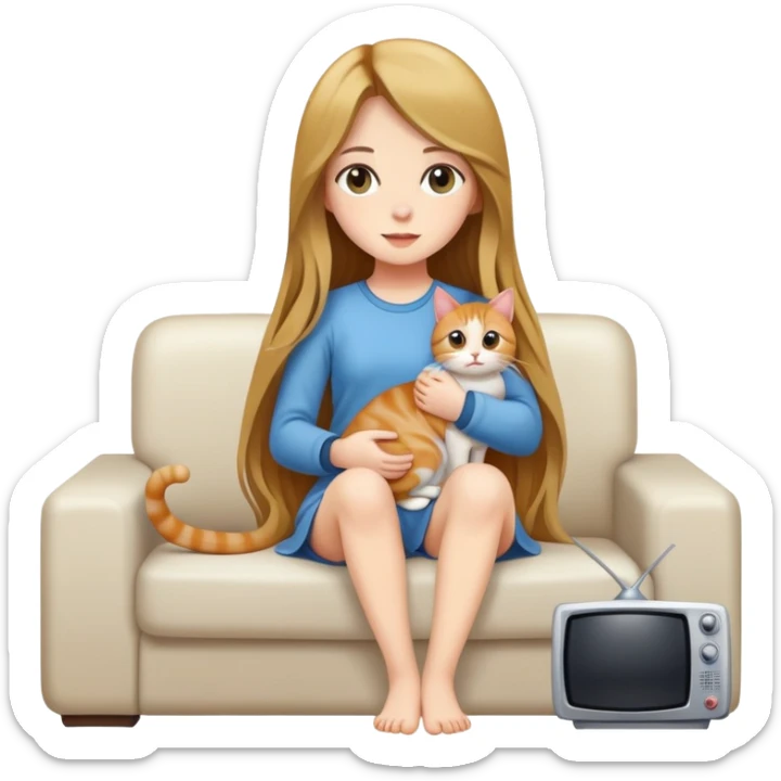 Generate a full-body picture of a beautiful girl with long hair holding a cat and watching TV sticker