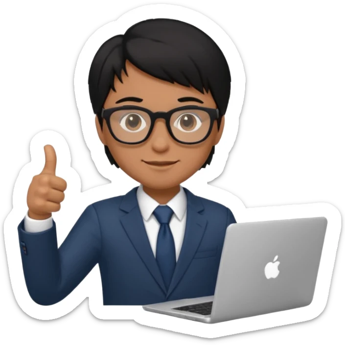 un estudiante con lentes y su laptop CON TERNO Y CABELLO NEGRO,   DANDO LIKE sticker