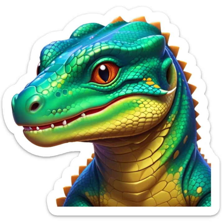 Cinematic Cute Komodo Dragon Lizard Portrait Emoji, Head tilted playfully and inquisitively, with a sleek, scaled form accented by vibrant hues and curious, sparkling eyes, Simplified yet irresistibly adorable features, highly detailed, glowing with a warm, lively glow, high shine, affectionate and spirited, stylized with a touch of exotic charm, bright and endearing, soft glowing outline, capturing the essence of a mischievous yet captivating lizard that seems poised to scurry out of the screen into your heart! sticker