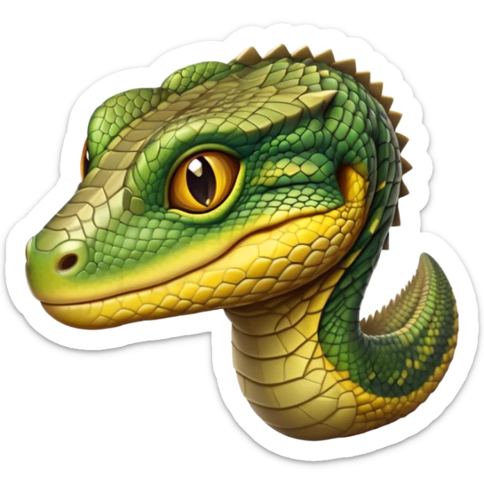 cinematic-realistic-cute-monitor-lizard-portrait-emoji,-head-tilted-playfully-and-inquisitively,-featuring-a-compact,-agile-body-with-finely-detailed,-glossy-scales-in-earthy-olive-hues-and-a-distinct,-alert-face-with-bright,-curious-eyes, yellow and green multi coloured  scales sticker