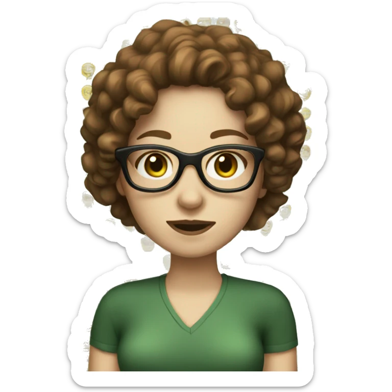 Cool woman with pale white skin, brown curly hair, glasses and green eyes sticker