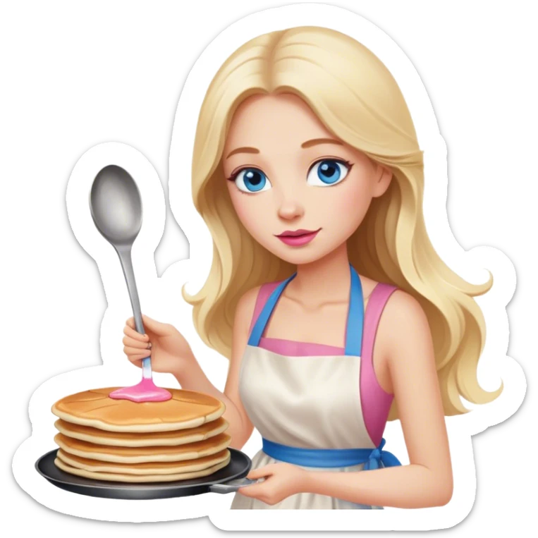 Cinematic realistic beautiful blonde with long hair, blue eyes and pink lips in a white dress cooks pancakes sticker
