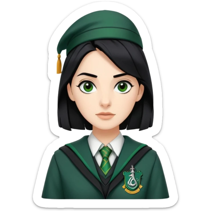 genevieve gaunt is Pansy Parkinson in harry potter, wear hogwarts slytherin uniform, black hair, not wearing hat sticker