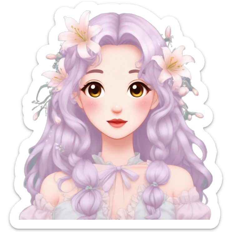 Gorgeous pastel anime style lady with blushing face and lilies cottagecore fairycore pastelcore colorful pearly romantic simplistic aesthetic trending style sticker