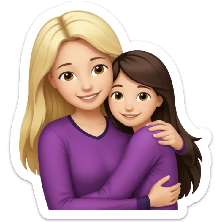 A beautiful mother with long dark brown hair hugging her cute 12yr old blonde hair daughter super happy sticker