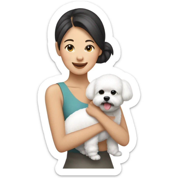 Hair-in-a-bun Asian woman carrying a happy and cute bichon frise sticker