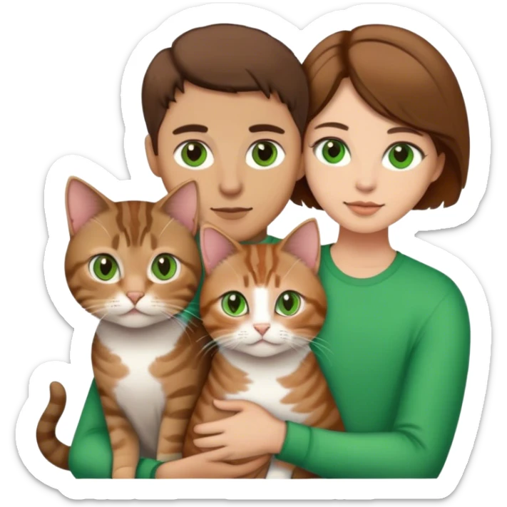 white couple with brown hair, man has short hair and brown eyes. woman has long hair and green eyes .they’re holding a tabby cat  sticker