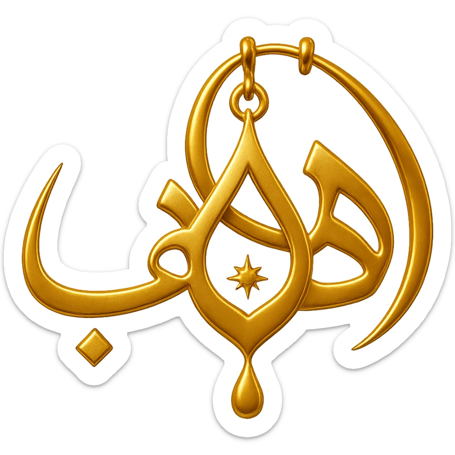 Change the shape of the letter 'ه' in the word 'ذهب' to be more distinctive and resemble a luxurious golden pendant, maintaining elegance and golden color, no background. sticker