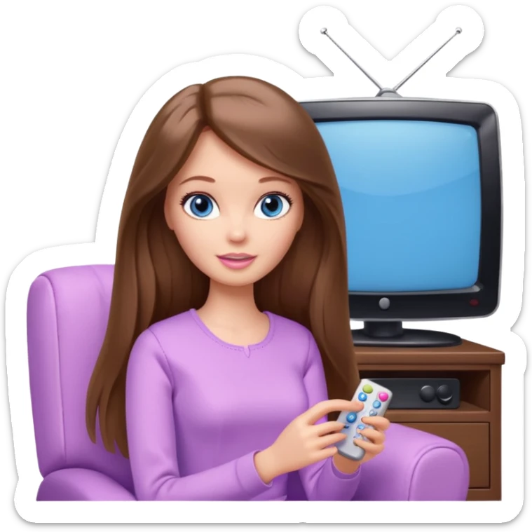 beautiful barbie girl with long brown hair, blue eyes and wearing light purple clothes watching tv shows sticker
