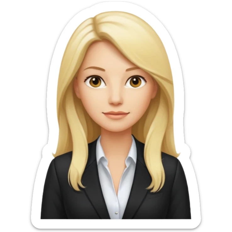 blonde businesswoman in her thirties, long hair, wearing a blazer, CEO sticker