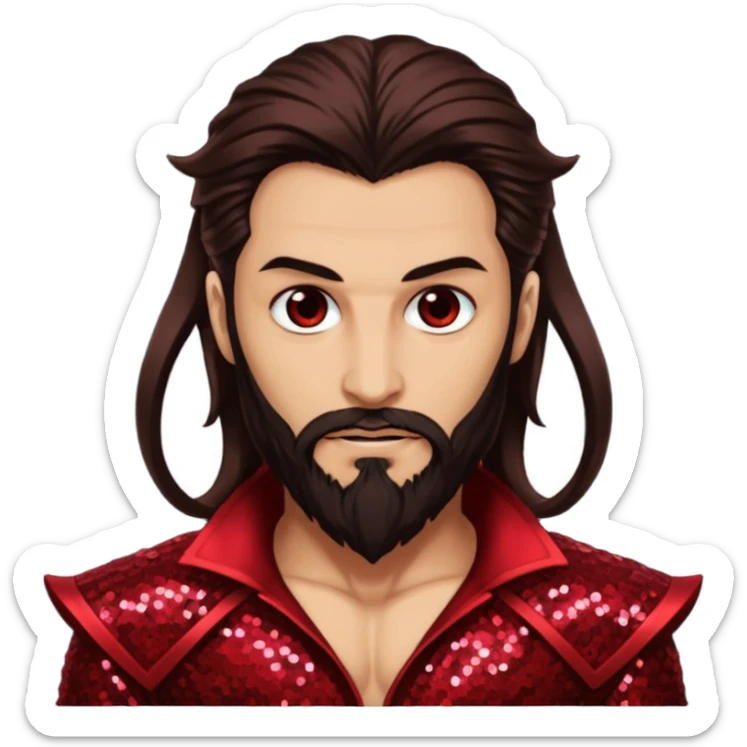 Samael, Venom of God from Gods and Goddesses with tan skin, long dark brown and beard, dark red sequin outfit sticker