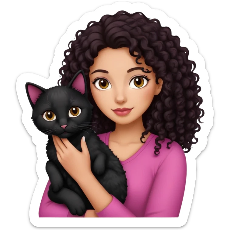 A woman wearing pink tan skin with dark curly hair holding her black cat sticker