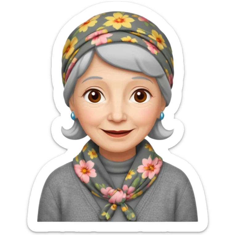 A kind old Soviet village grandmother emoji — elderly woman wearing a floral headscarf tied under her chin, simple gray cardigan, warm smile, friendly face, flat emoji style, minimal Apple-like design. sticker