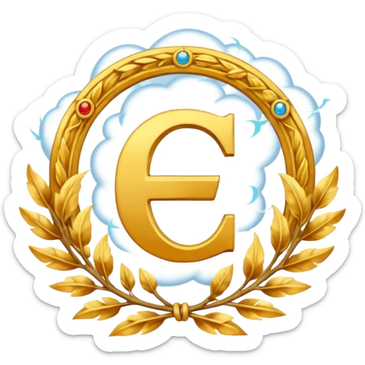 cartoonish emoji with the letter C, golden, surrounded by clouds and lightning, laurel wreath, hints of time like hourglass or clock hands, inspired by the gods of Olympus, representing Chronos sticker