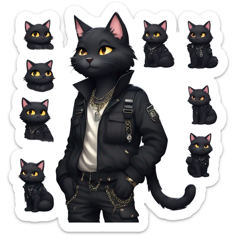 Gorgeous furry gothic dark techwear anime style anthro black cat furry sona Fakemon with blushing face aesthetic and pretty edgy black with collar and harness trending style chains cargo pants tomboy sticker
