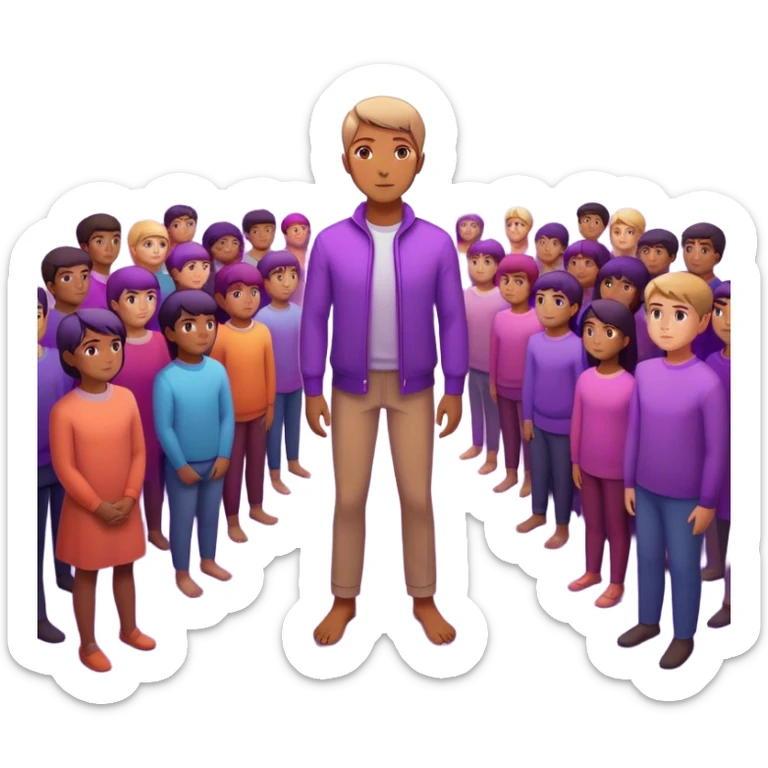 A charismatic person standing confidently in the center of a room, radiating a violet warm bright aura glow, he is calm with a lot of people around sticker