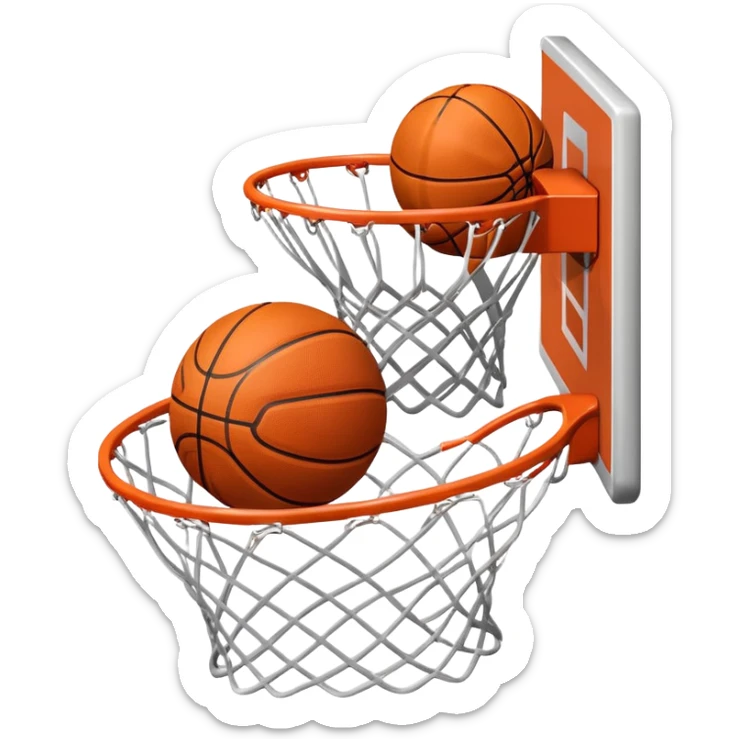 A close-up of a basketball swishing through the hoop, with the net slightly bouncing. The background features a blurred basketball court, capturing the excitement and precision of scoring in the game. sticker