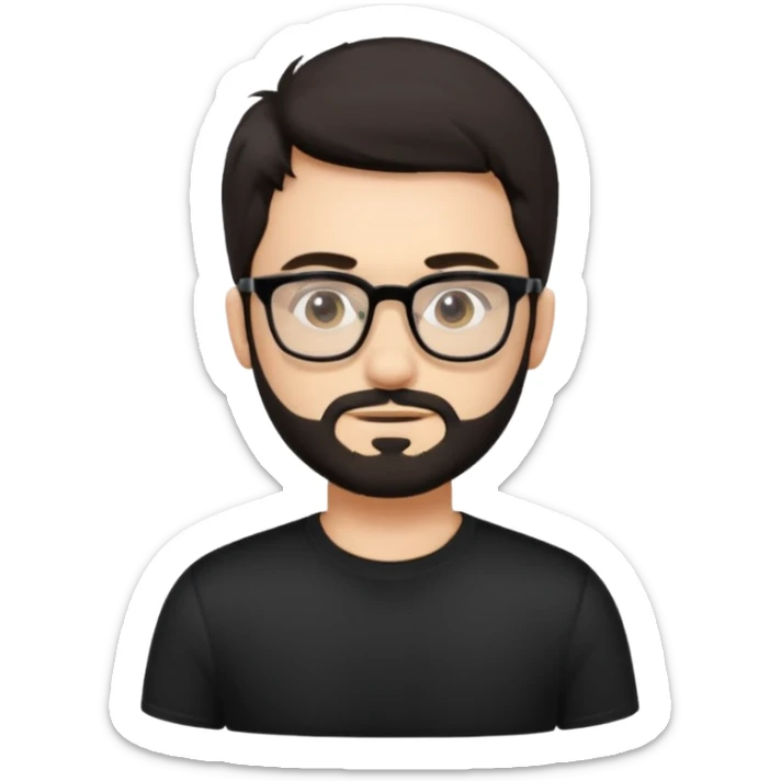 chico con gafas y barba corta moreno, piel clara camiseta negra sticker