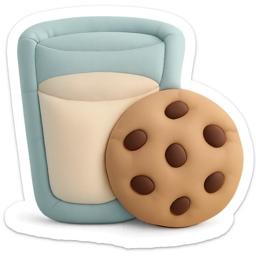 a soft and plush cushion style illustration of a glass of milk and a chocolate chip cookie, pastel colors sticker
