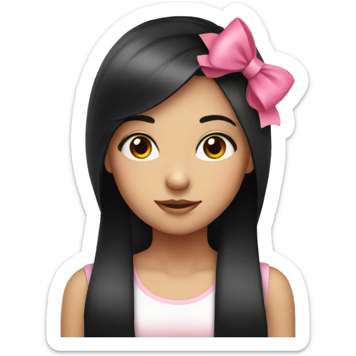 cute girl with black long straight hair with pink bow sticker
