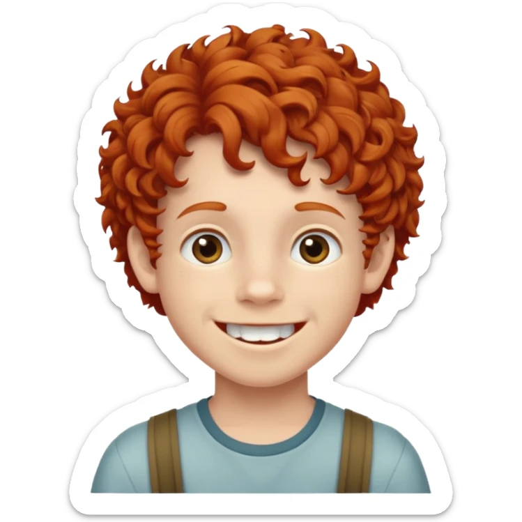 redhead kid with unique face features and very curly hair kid boy happy and braces on teeth sticker