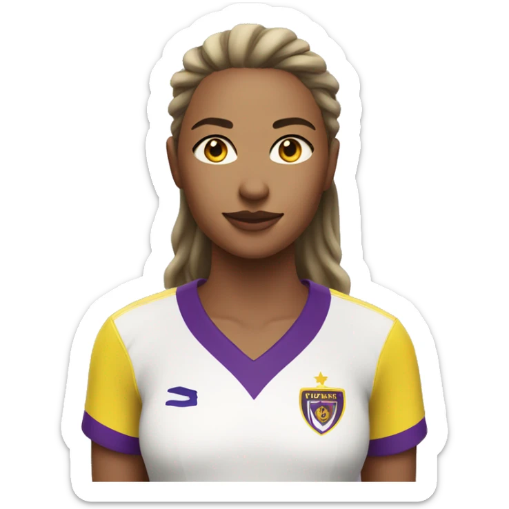 a woman soccer player in white jersey with purple pinstripes and yellow collar sticker