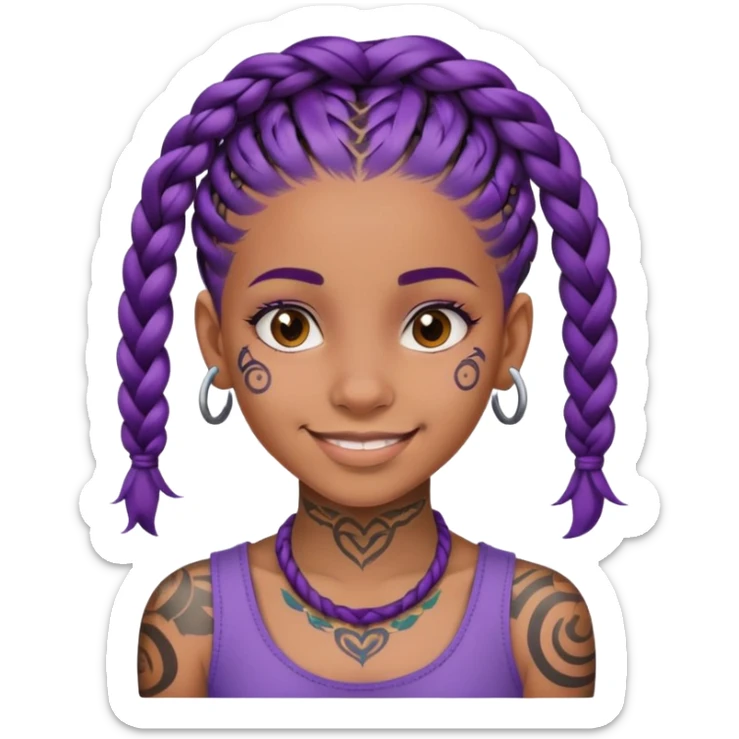 Con gái, 15 tuổi, cười mỉm, da nâu, tóc tím tết tóc cuốn lọn trên đầu, xăm trên mặt sticker