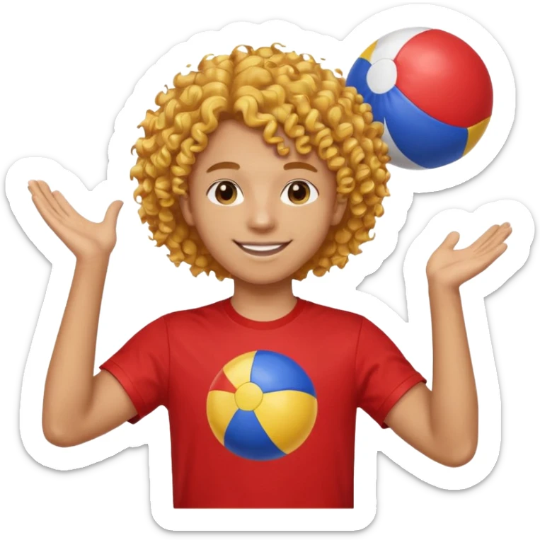 una persona de 18 años marron clarito con el pelo amrillo rizado con una camiseta roja y azul con un logo circular dorado y levantando un balon de playa sticker