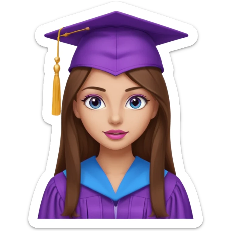 pretty girl with beautiful extremely long brown hair, blue eyes, long lashes makeup, sexy pink lips, wearing a purple graduation cap and gown sticker