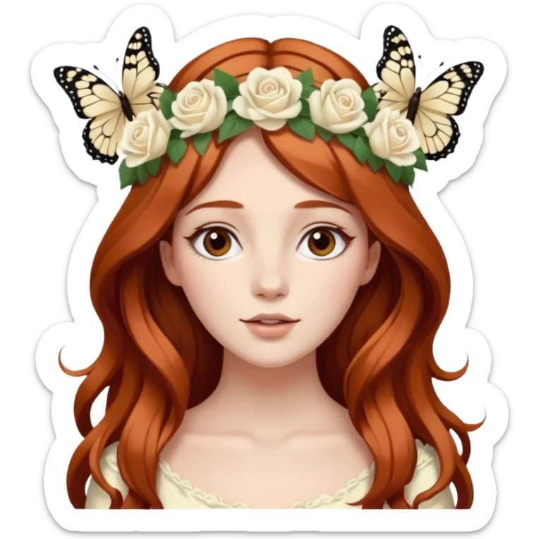Woman with long flowing auburn hair wearing a flower crown with white and cream colored roses and butterflies in it sticker
