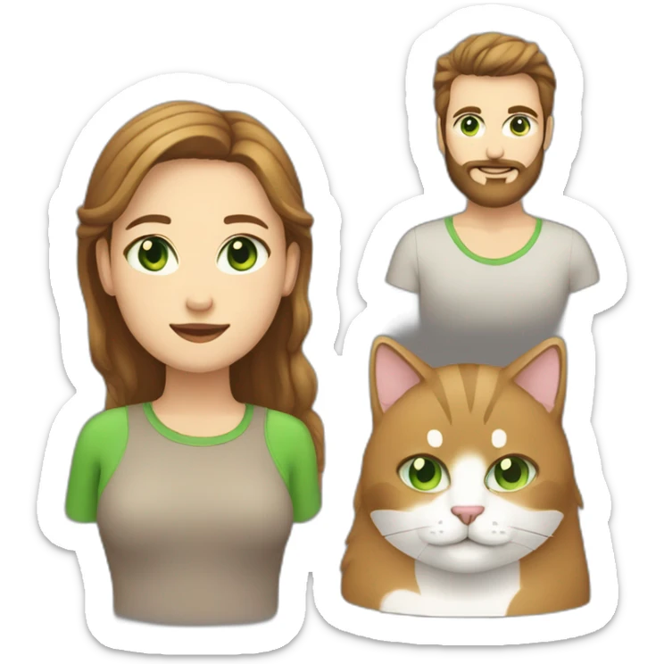 Woman with light straight brown hair and green eyes and a heavy man with a beard and two cats white and another black sticker