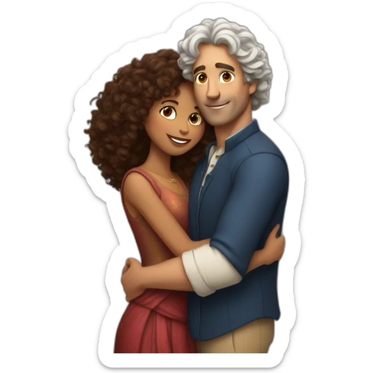Tall French man hugging an Indian woman with curly hair sticker