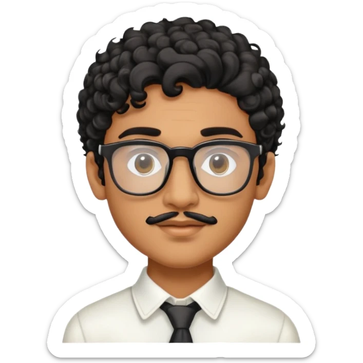 An Indian brown boy with curly black hair, prominent facial features like a jawline, and nose. With Prada transparent glasses and little facial hair sticker
