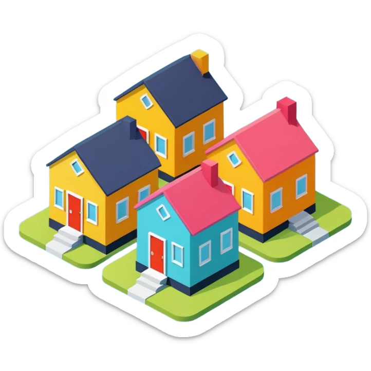 group of 3 houses representing neighborhood isometric houses on transparent background similar in style to the iphone icons sticker