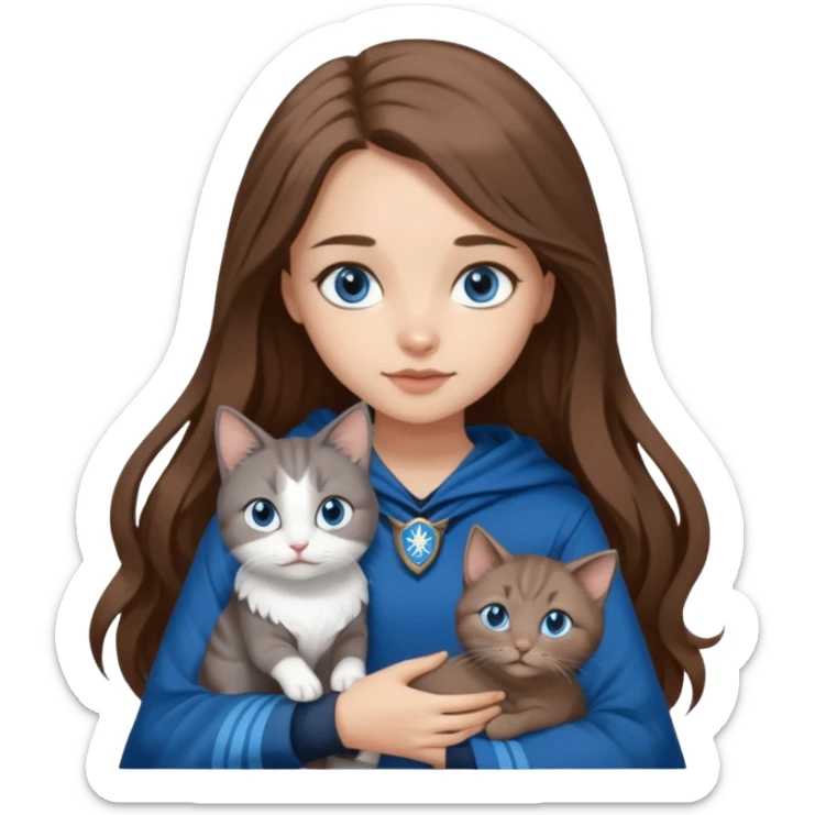 gorgeous Girl with light skin, blue eyes, long brown hair, wears a ravenclaw outfit, with a grey and white cat holding in her arms sticker