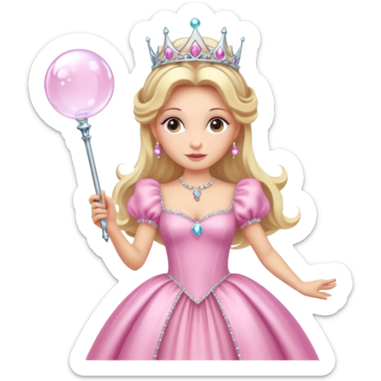 glinda the good witch from wicked movie, blonde hair, beautiful, big silver thin tiara, bubble wand, pink gown sticker