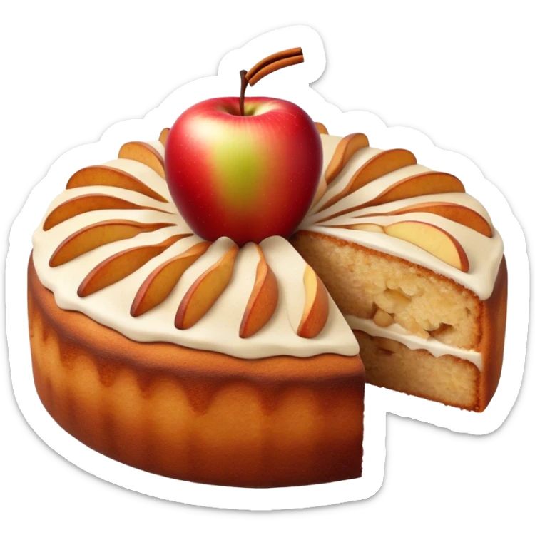 Cinematic Realistic Apfelkuchen Dessert Emoji, depicted as a classic apple cake bursting with cinnamon and apples rendered with soft textures and warm, inviting lighting. sticker