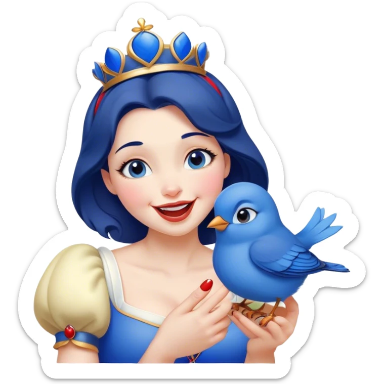 Cinematic Adorable Snow White Portrait Emoji, Giggling as a bluebird perches on her finger, cheeks rosy with joy, bright expressive eyes full of wonder, her innocence and beauty blending into a heartwarming moment! sticker