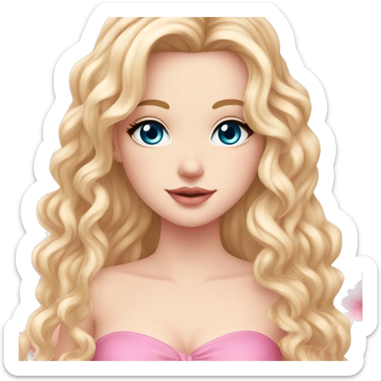 White girl 🧝🏻‍♀️, blue eyes, blond very long curly hair, pink lips, pink sexy dress. Background long. Sakura sticker