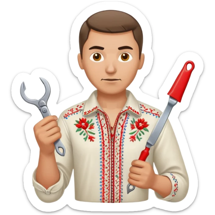 Ukrainian man with traditional embroidered shirt (vyshyvanka) holding a metal spanner wrench and red scissors sticker