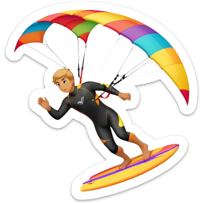 The scene captures the energy and freedom of the sport, with the sun shining and the ocean's waves splashing around. A kite surfer gliding across the ocean, with a colorful kite soaring high in the sky and the surfer carving through the waves.  sticker