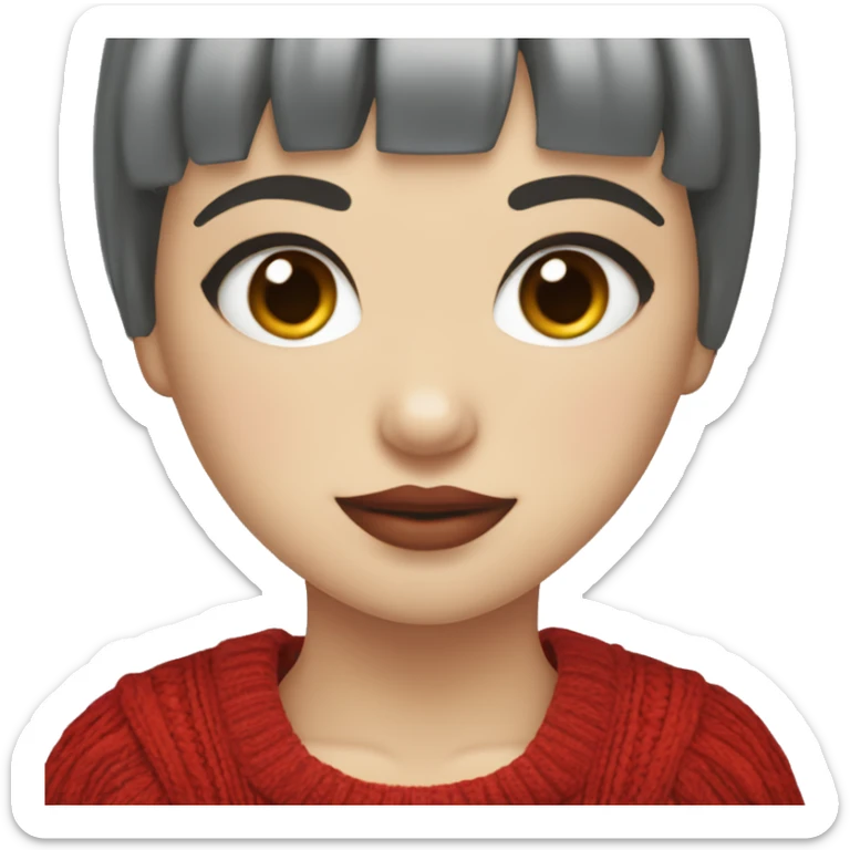 girl with short hair and bangs (a fringe) with blue eyes, long eyelashes and red lipstick in a red cable knit sweater. She must be holding a grey cat sticker